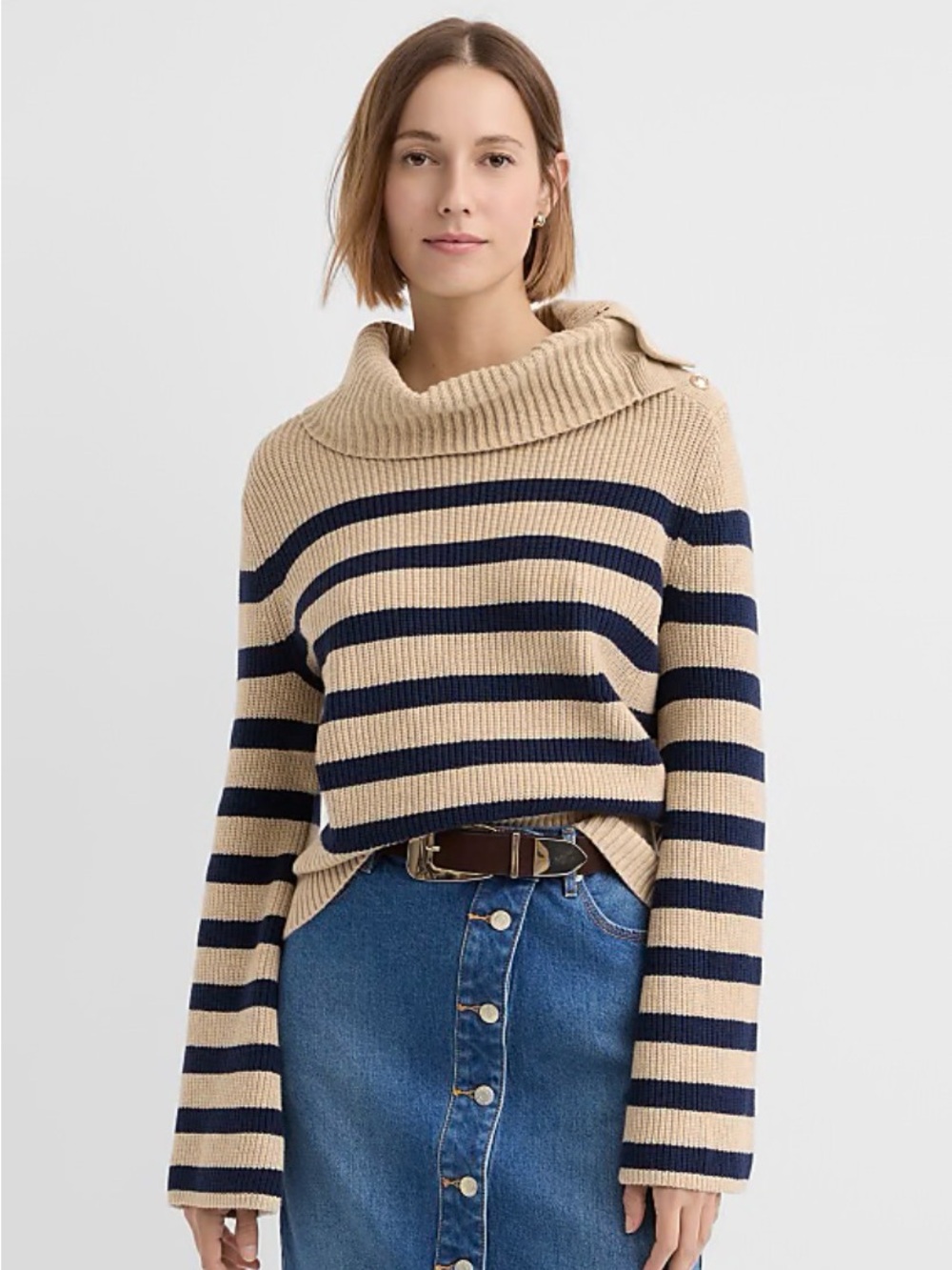 LOFT Beige and Navy Striped Button-Shoulder Turtleneck Sweater